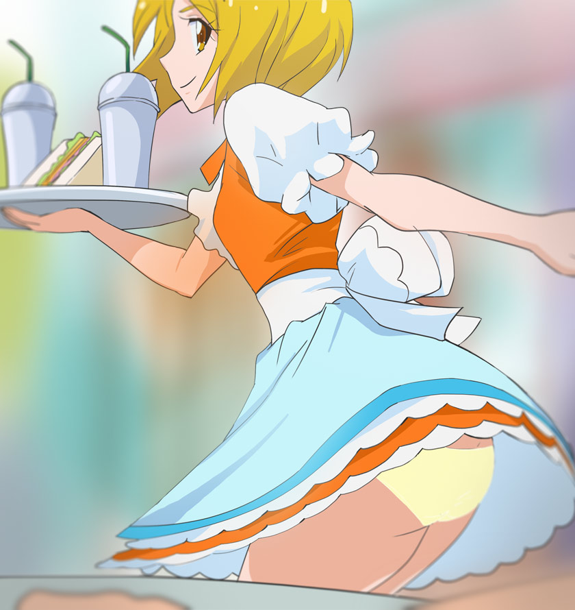 1girl ass blonde_hair blue_skirt brown_eyes closed_mouth drinking_straw food haruyama_kazunori hugtto!_precure kagayaki_homare looking_to_the_side panties precure sandwich short_hair short_sleeves skirt smile solo underwear yellow_panties