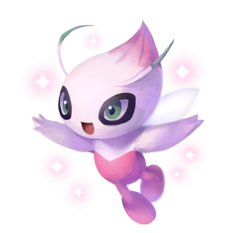 :d alternate_color celebi flying full_body gen_2_pokemon green_eyes looking_away no_humans open_mouth outstretched_arms pink_skin pokemon pokemon_(creature) shiny_pokemon simple_background smile solo sparkle white_background wings yukimich