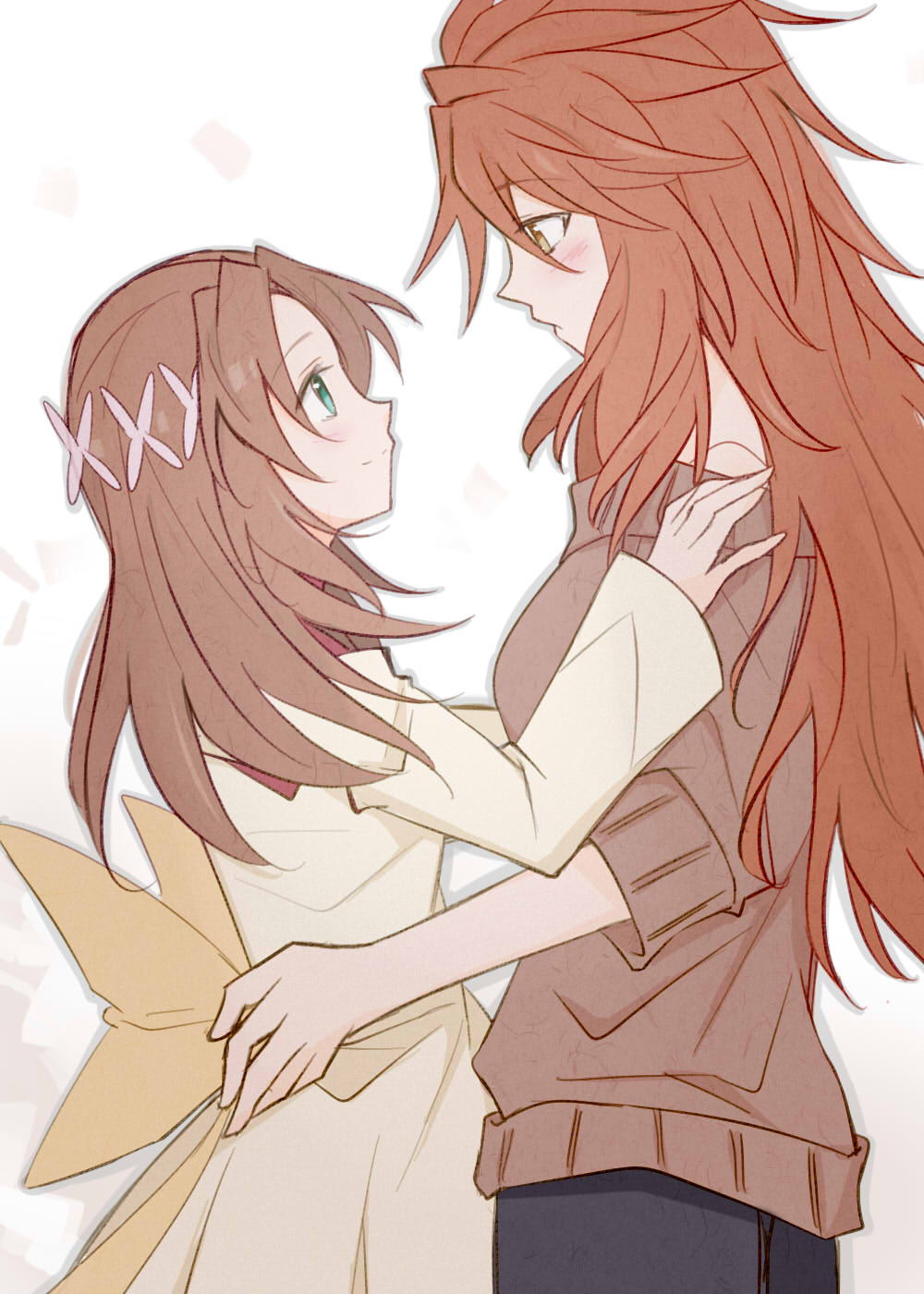 2girls amou_kanade aqua_eyes blush brown_hair casual dress face-to-face flower green_eyes hair_flower hair_ornament hands_on_another's_hips hands_on_another's_shoulders height_difference highres long_hair looking_at_another multiple_girls orange_eyes redhead senki_zesshou_symphogear senki_zesshou_symphogear_xd_unlimited serena_cadenzavna_eve smile sweater yuri