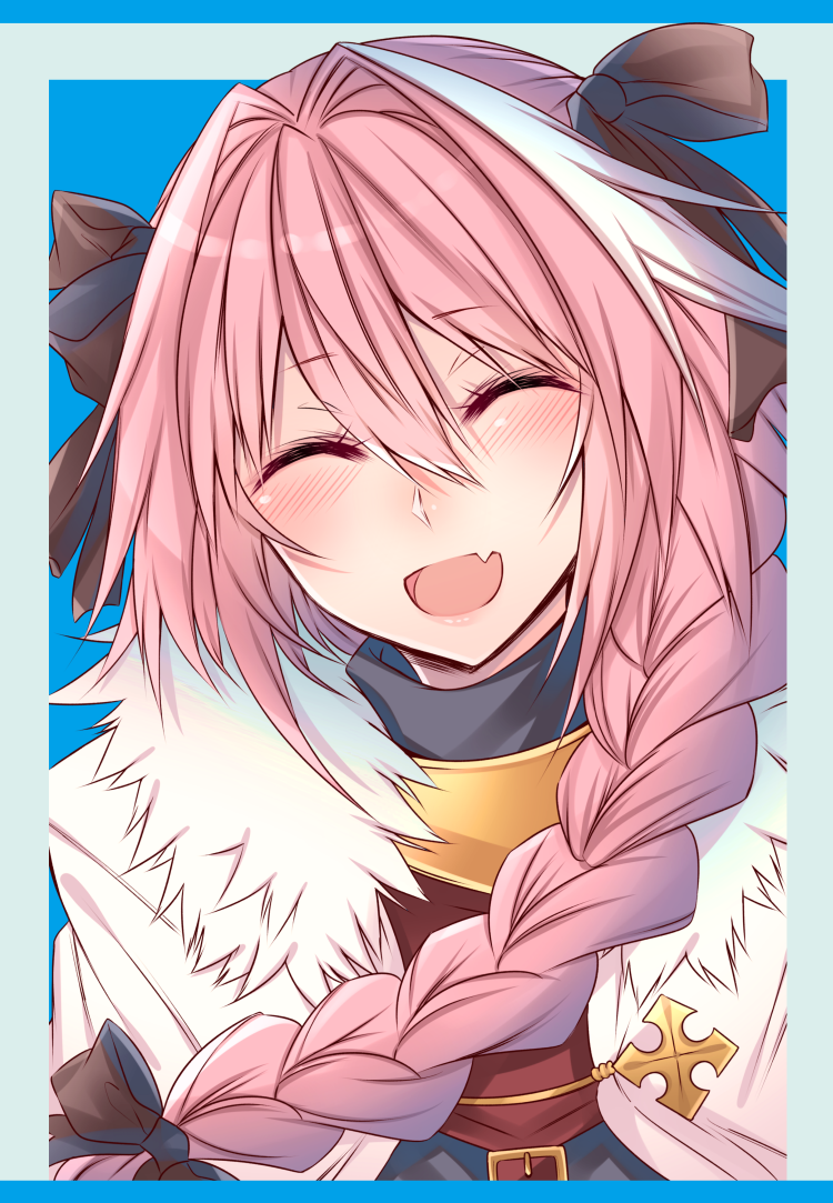 1boy ^_^ ^o^ astolfo_(fate) bangs big_hair black_bow black_shirt blue_background blush bow braid buckle closed_eyes commentary_request eyebrows_visible_through_hair facing_viewer fang fate/apocrypha fate_(series) fur-trimmed_cloak fur_collar gorget hair_between_eyes hair_bow hair_intakes hair_over_shoulder happy head_tilt lips long_hair male_focus multicolored_hair open_mouth outside_border parted_bangs pink_hair raised_eyebrows shirt shisei_(kyuushoku_banchou) short_eyebrows simple_background single_braid solo streaked_hair trap turtleneck two-tone_hair upper_body white_cloak white_hair