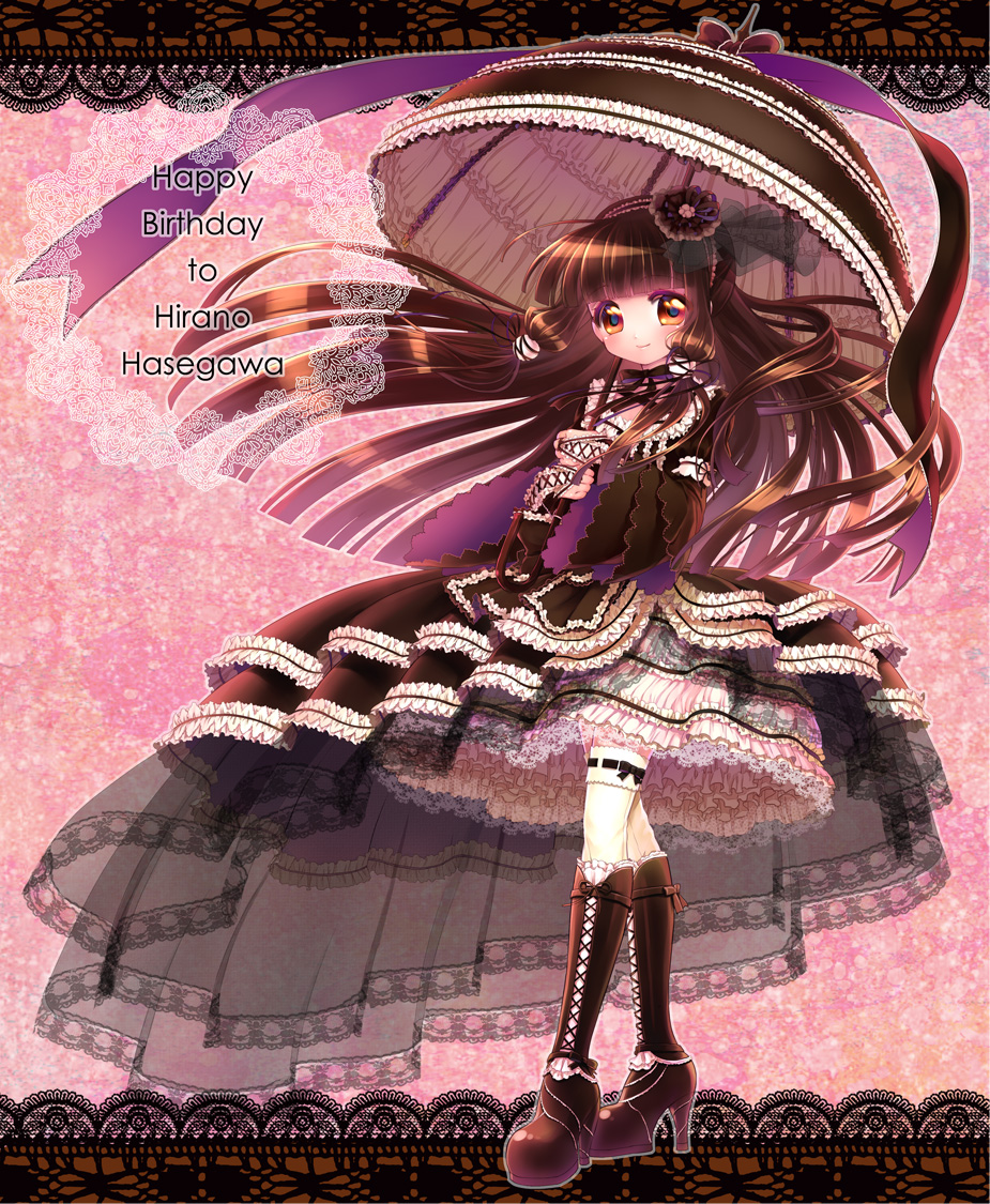 1girl ahoge bangs black_dress black_footwear blunt_bangs blush boots bridal_gauntlets brown_eyes character_name commentary_request cross-laced_footwear doily dress english flower frilled_dress frilled_umbrella frills full_body gothic_lolita hair_flower hair_ornament hairband happy_birthday hasegawa_hirano high_heel_boots high_heels holding holding_umbrella knee_boots lace lace-trimmed_dress lace-up_boots lace_border lolita_fashion lolita_hairband long_hair long_sleeves looking_at_viewer minami_(apricot_tea) parasol petticoat pink_background platform_boots purple_ribbon ribbon ribbon-trimmed_legwear ribbon_trim smile solo standing tantei_opera_milky_holmes thigh-highs umbrella very_long_hair white_legwear