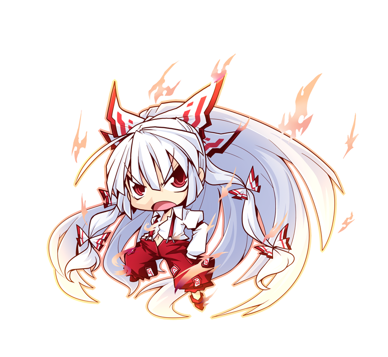 1girl armband baggy_pants bangs bow chibi collared_shirt d: eyebrows_visible_through_hair fire fujiwara_no_mokou full_body hair_bow hands_in_pockets high_ponytail long_hair long_sleeves looking_at_viewer midriff_peek navel ofuda ofuda_on_clothes open_mouth pants red_eyes red_footwear red_pants reku shirt shoes solo stomach suspenders touhou v-shaped_eyebrows very_long_hair white_hair white_shirt wide_ponytail wing_collar