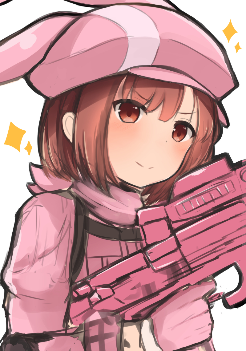 &gt;:) 1girl animal_ears animal_hat bangs blush brown_eyes brown_hair bullpup bunny_hat closed_mouth commentary_request eyebrows_visible_through_hair gloves gun hat holding holding_gun holding_weapon jacket llenn_(sao) long_sleeves looking_at_viewer noa_(letizia) p90 pink pink_gloves pink_hat pink_jacket rabbit_ears simple_background smile solo sparkle submachine_gun sword_art_online sword_art_online_alternative:_gun_gale_online v-shaped_eyebrows weapon white_background
