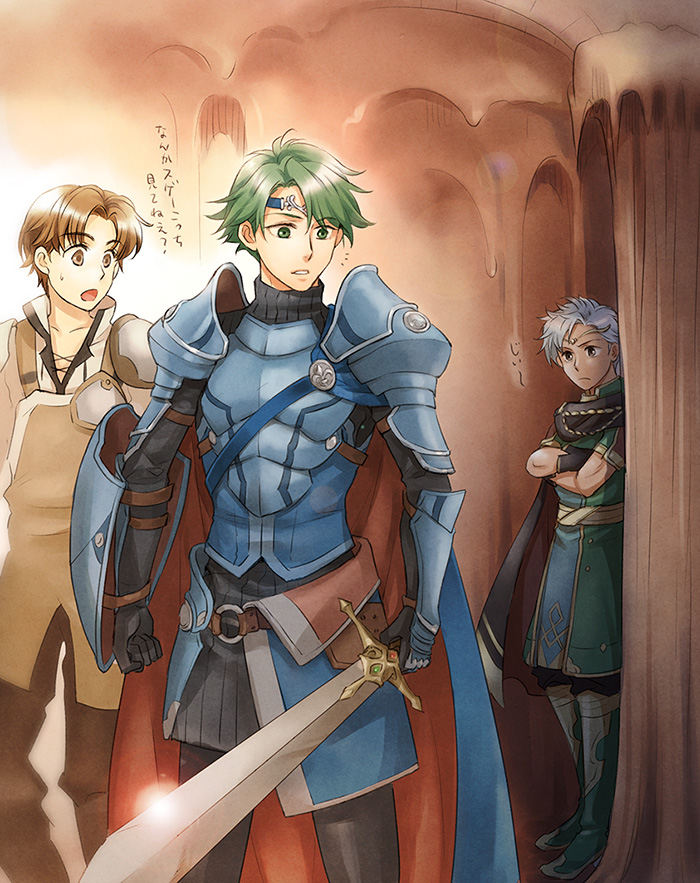 3boys ? alm_(fire_emblem) armor artist_name boey_(fire_emblem) boots brown_hair cape circlet crossed_arms dark_skin fire_emblem fire_emblem_echoes:_mou_hitori_no_eiyuuou gloves green_eyes green_hair headband male_focus multiple_boys open_mouth shield sword tamami_if teeth tobin_(fire_emblem) weapon white_hair