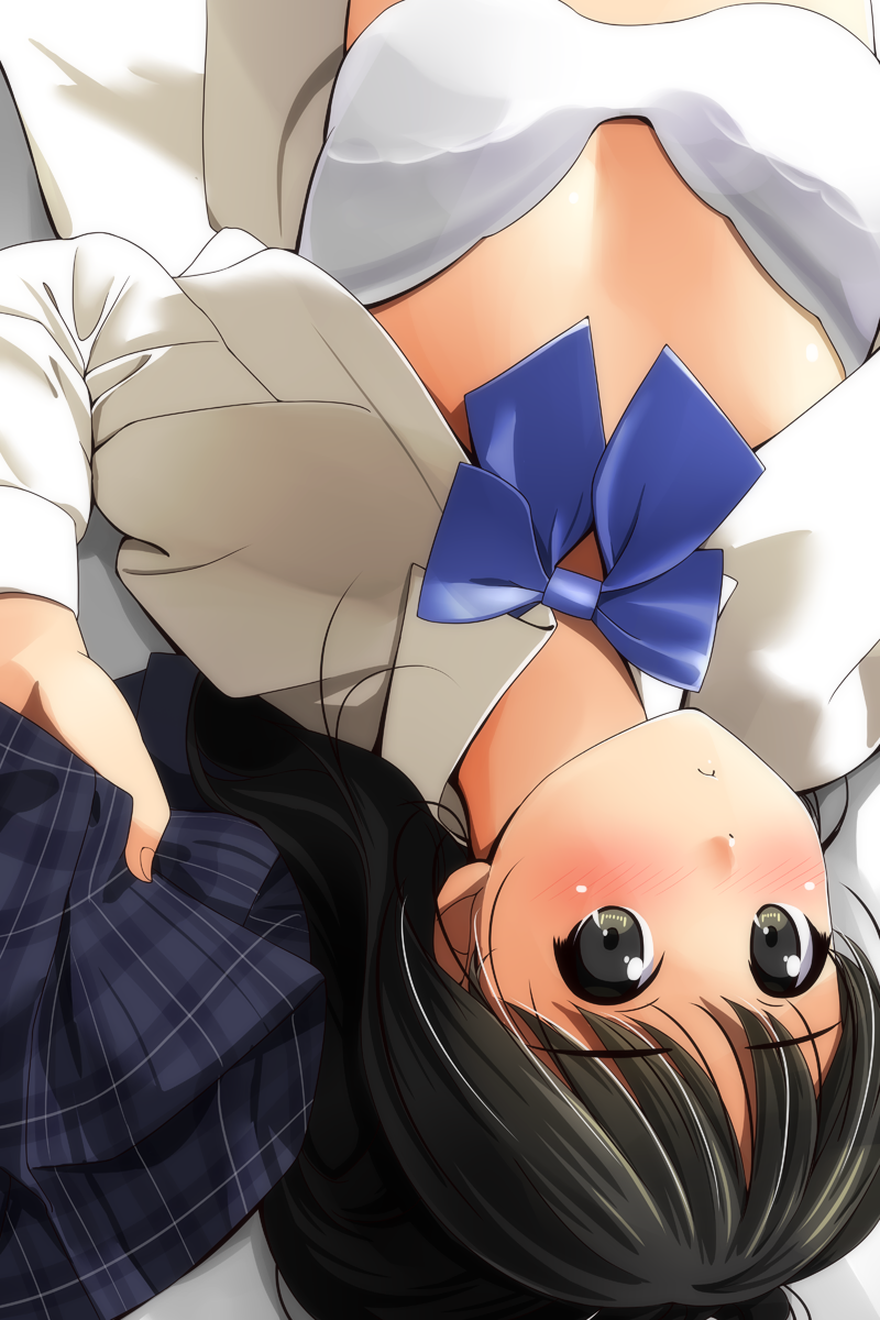 1girl black_eyes black_hair blush bow bowtie bra eyebrows_visible_through_hair highres long_hair looking_at_viewer matsunaga_kouyou open_clothes open_shirt original plaid plaid_skirt school_uniform shirt skirt skirt_removed solo tareme underwear upper_body upside-down white_bra white_shirt