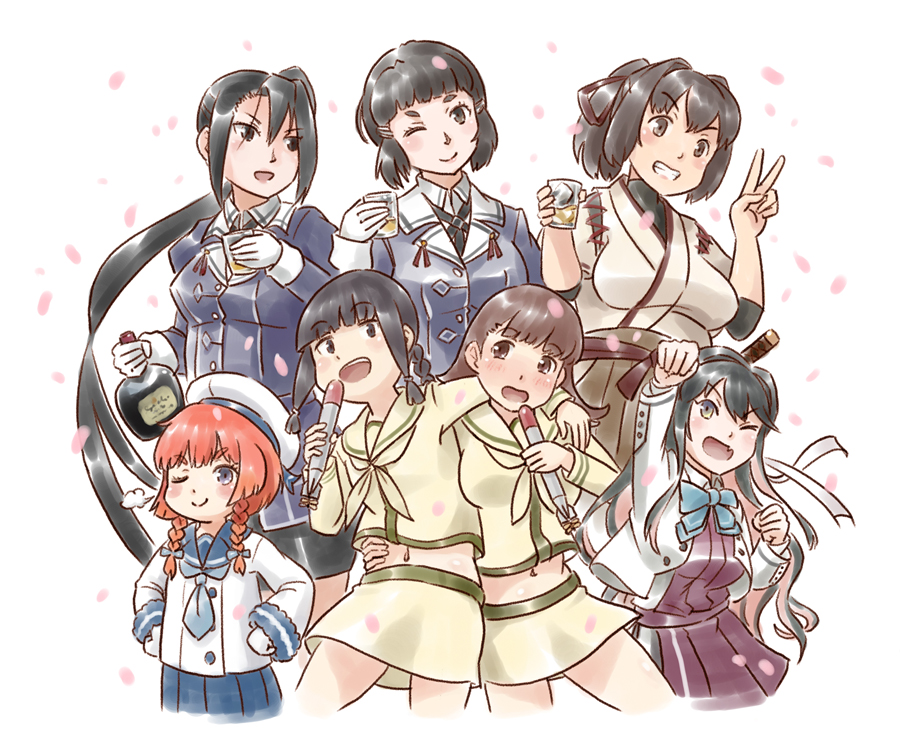 6+girls :d ;) absurdly_long_hair alcohol bangs black_eyes black_hair blue_eyes blue_neckwear blue_skirt blunt_bangs bob_cut bottle bow bowtie braid breasts brown_eyes brown_hair brown_hakama cherry_blossoms clenched_hands commentary_request cowboy_shot cup dress drinking_glass etorofu_(kantai_collection) fang gloves hair_between_eyes hair_braid hair_ornament hair_ribbon hairclip hakama hands_on_hip hime_cut holding holding_bottle holding_drinking_glass holding_torpedo ise_(kantai_collection) japanese_clothes kantai_collection karasu_(naoshow357) kitakami_(kantai_collection) large_breasts long_hair long_sleeves looking_at_another looking_at_viewer microphone midriff multicolored_hair multiple_girls myoukou_(kantai_collection) nachi_(kantai_collection) naganami_(kantai_collection) navel neckerchief nontraditional_miko one_eye_closed ooi_(kantai_collection) open_mouth pink_hair pleated_skirt ponytail redhead remodel_(kantai_collection) ribbon sash school_uniform serafuku shirt short_hair side_ponytail sidelocks simple_background single_braid skirt smile thick_eyebrows torpedo twin_braids two-tone_hair v very_long_hair whiskey white_background white_gloves white_neckwear white_shirt white_skirt