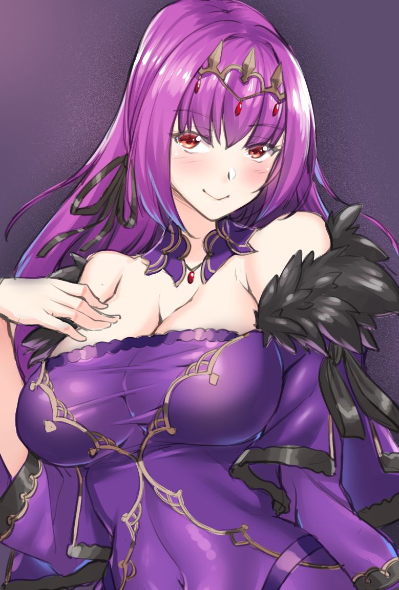 1girl breasts caster_(lostbelt) circlet dress fate/grand_order fate_(series) feather-trimmed_sleeves hair_ribbon large_breasts long_hair merufena purple_dress purple_hair red_eyes ribbon solo strapless strapless_dress upper_body