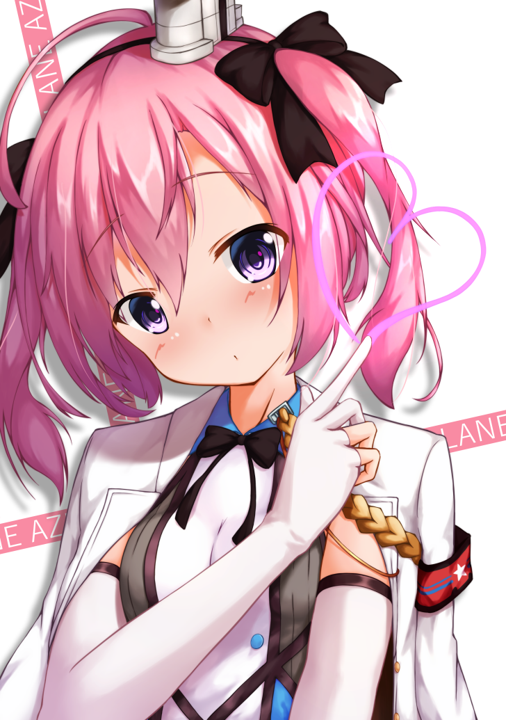 1girl ahoge aiguillette antenna_hair armband azur_lane bangs black_bow blush bow breasts dress elbow_gloves eyebrows_visible_through_hair gloves hair_between_eyes hair_bow hair_ribbon hairband head_tilt heart jacket jacket_on_shoulders long_hair looking_at_viewer partly_fingerless_gloves pink_hair ribbon saratoga_(azur_lane) shimo_(shimo332215) sidelocks smokestack smokestack_hair_ornament solo twintails violet_eyes white_gloves white_jacket