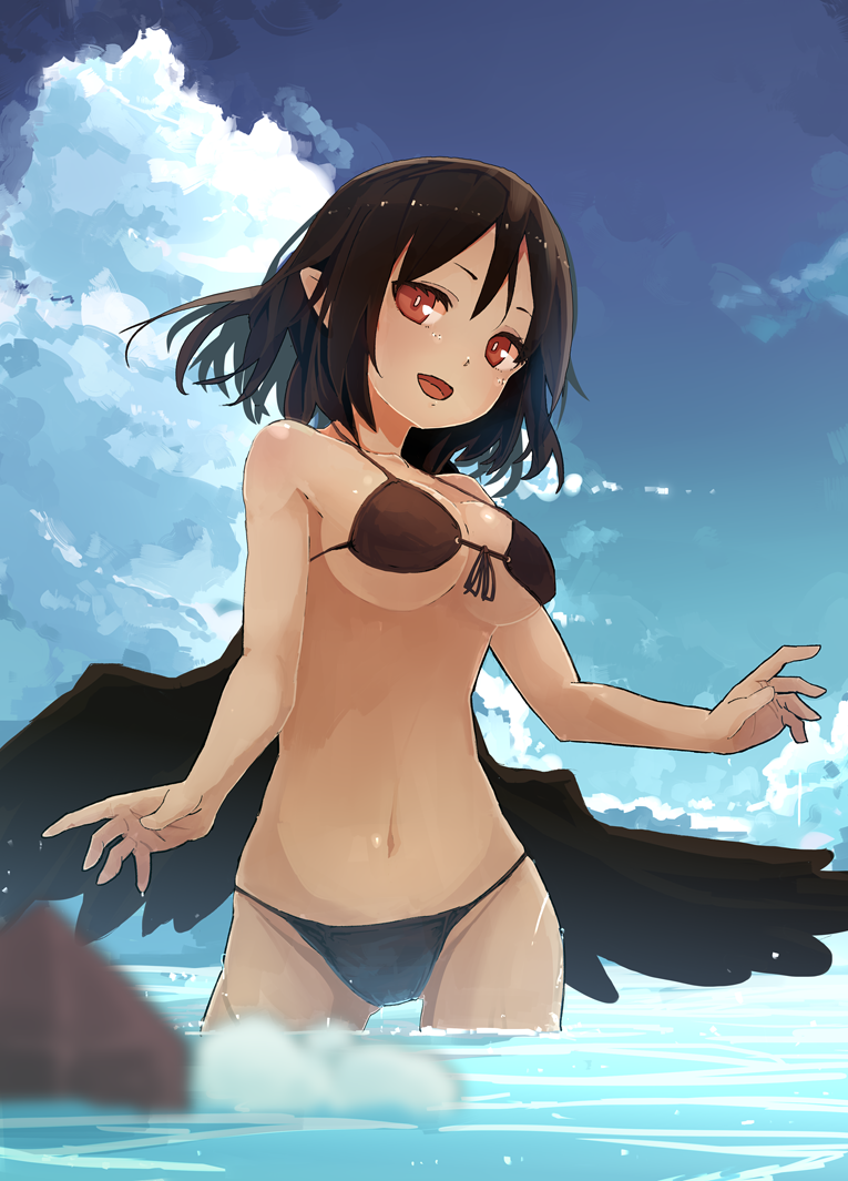 1girl bare_arms bare_shoulders bikini black_bikini black_hair black_wings blue_sky blurry blurry_foreground breasts cleavage clouds commentary_request contrapposto day depth_of_field feathered_wings front-tie_bikini front-tie_top futatsuki_eru halter_top halterneck hat head_tilt large_breasts looking_at_viewer navel ocean outdoors outstretched_arms pointy_ears pom_pom_(clothes) red_eyes shameimaru_aya sky smile solo standing stomach summer swimsuit tan tokin_hat touhou under_boob wading wet wings