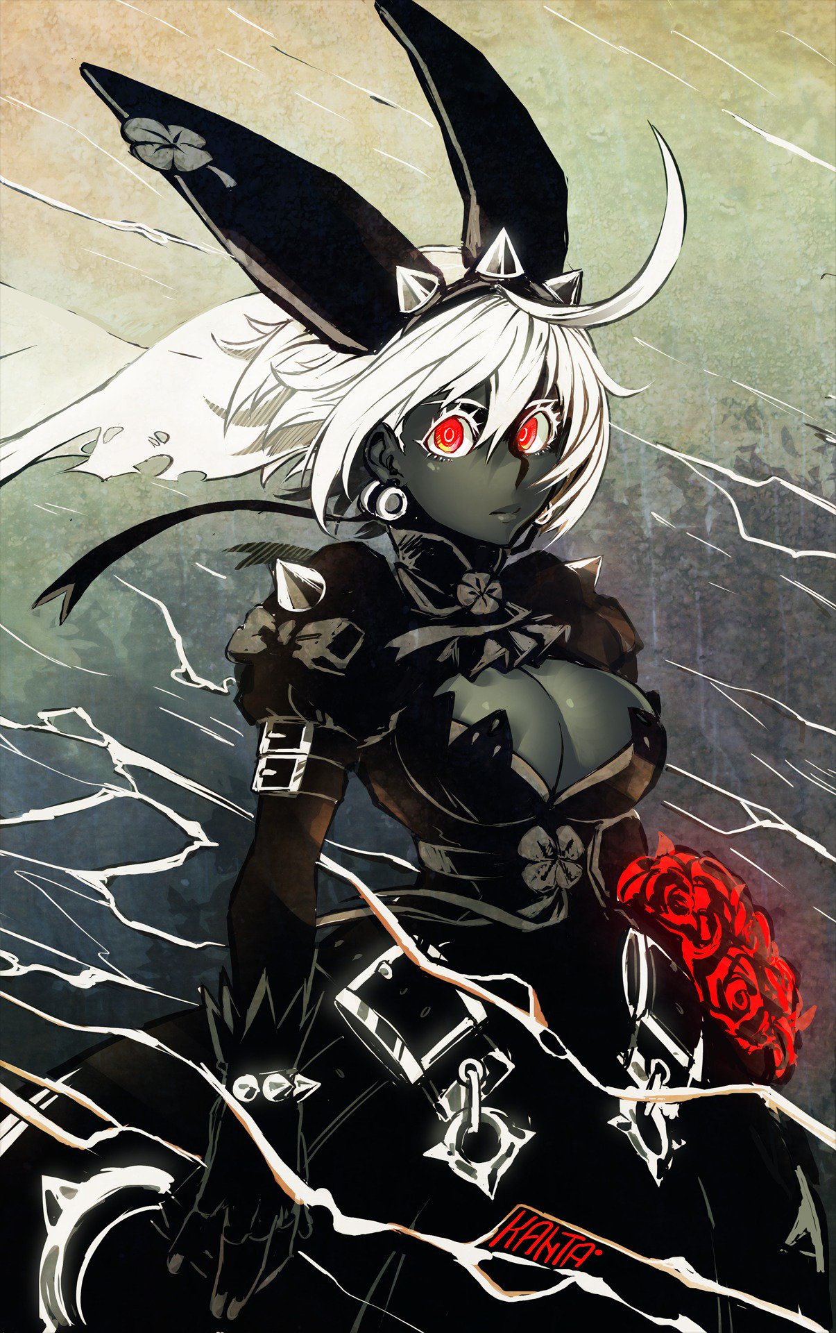 1girl ahoge albino alternate_color arm_strap black_dress black_gloves black_skin breasts bridal_veil cleavage cleavage_cutout clover commentary dark_persona dress earrings elphelt_valentine expressionless flower four-leaf_clover gloves guilty_gear guilty_gear_xrd hairband highres huge_ahoge jewelry juliet_sleeves kanta-kun large_breasts long_sleeves looking_at_viewer puffy_sleeves red_eyes red_flower red_rose rose short_hair solo spikes veil white_hair