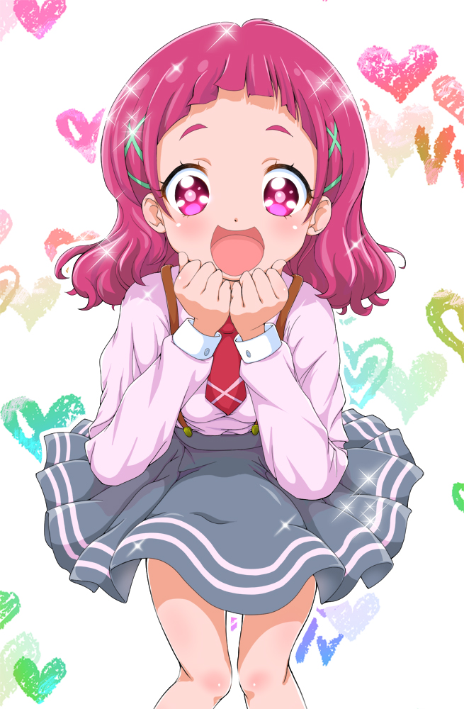 1girl :d bangs blue_skirt blunt_bangs cowboy_shot curled_fingers hair_ribbon hands_on_own_chin heart heart_background hugtto!_precure knees_together l'avenir_academy_school_uniform long_sleeves looking_at_viewer necktie nono_hana open_mouth pink_eyes pink_hair pink_shirt precure red_neckwear ribbon school_uniform shirt short_hair skirt smile solo sparkle striped striped_skirt suspender_skirt suspenders tomita_hiroshi white_background wide-eyed