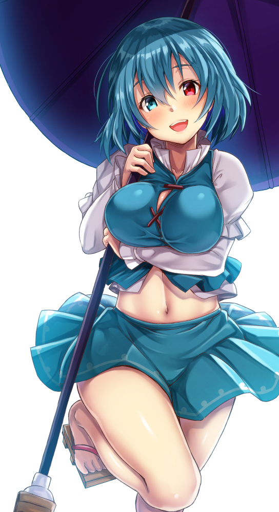 1girl adapted_costume bangs bare_legs blue_eyes blue_hair blue_skirt breast_hold breasts commentary_request ebi_193 geta hair_between_eyes head_tilt heterochromia holding holding_umbrella juliet_sleeves large_breasts long_sleeves looking_at_viewer midriff miniskirt navel open_mouth puffy_sleeves red_eyes sandals skirt skirt_set smile solo standing standing_on_one_leg tatara_kogasa touhou umbrella vest