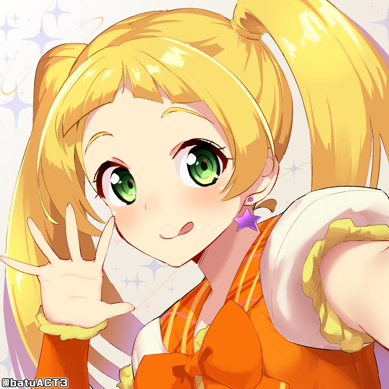 1girl :q batsu blonde_hair blush bow bowtie commentary_request copyright_request dress earrings green_eyes hand_up highres jewelry long_hair looking_at_viewer orange_dress orange_neckwear smile solo star star_earrings tongue tongue_out twintails twitter_username upper_body waving