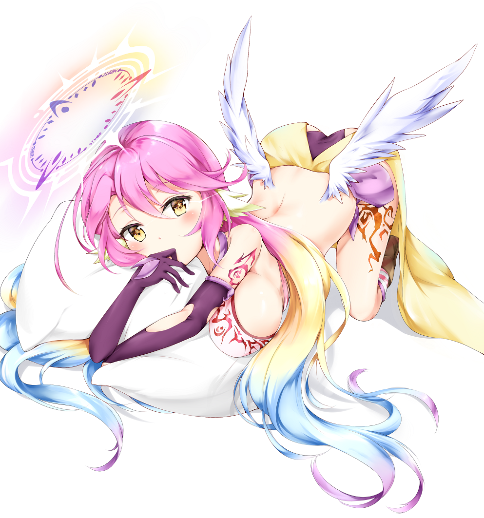 1girl angel_wings ass back blush breasts cross feathered_wings gloves gradient_hair halo ikasoke_(likerm6au) jibril_(no_game_no_life) large_breasts long_hair low_wings magic_circle multicolored_hair no_game_no_life pillow pink_hair sideboob solo symbol-shaped_pupils tattoo top-down_bottom-up very_long_hair white_wings wing_ears wings yellow_eyes