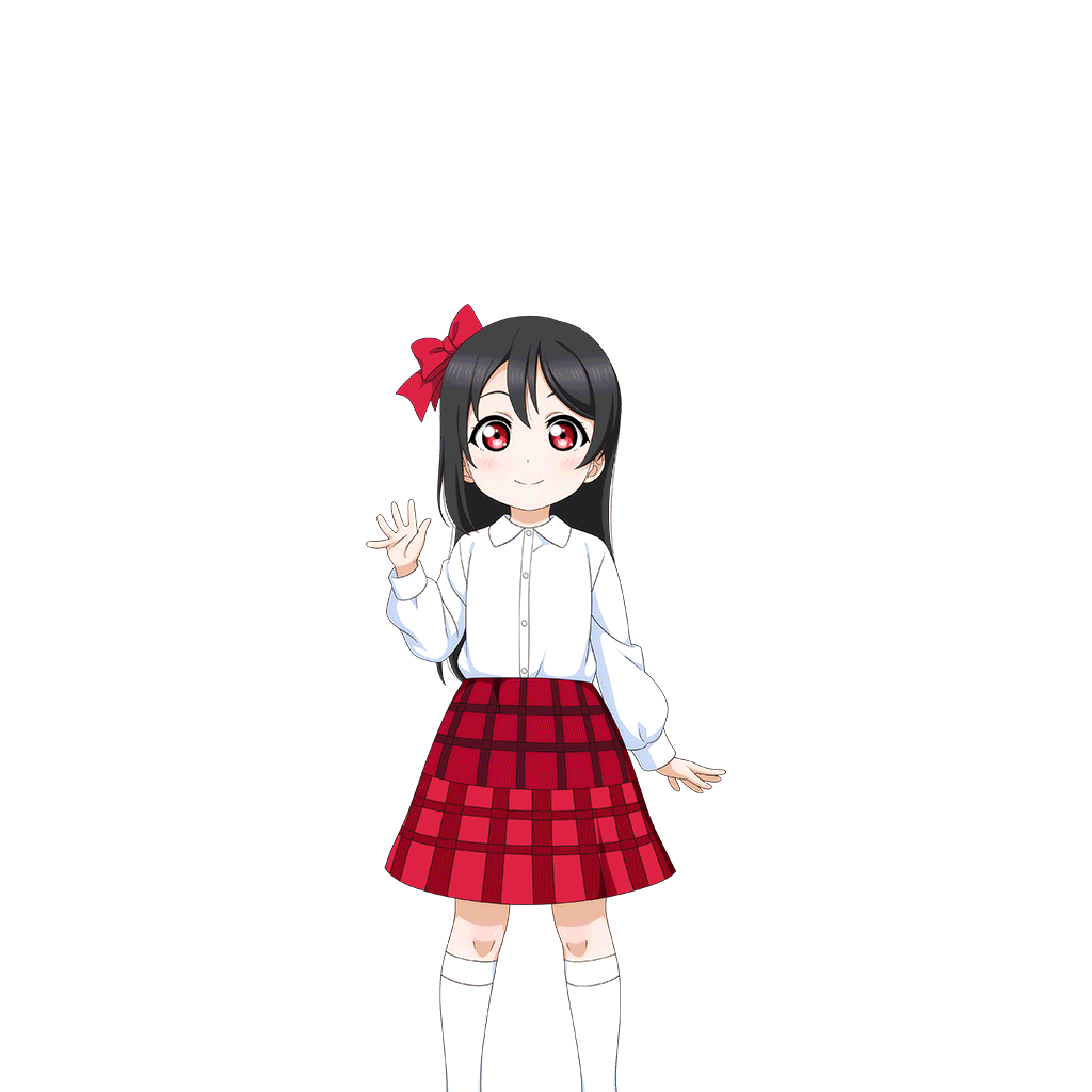 1girl alternate_hairstyle artist_request bangs black_hair bow checkered checkered_skirt child closed_mouth hair_between_eyes hair_bow hair_down kneehighs long_sleeves looking_at_viewer love_live! love_live!_school_idol_festival love_live!_school_idol_project official_art plaid plaid_skirt red_bow red_eyes shirt skirt smile solo standing transparent_background waving white_legwear white_shirt yazawa_nico younger