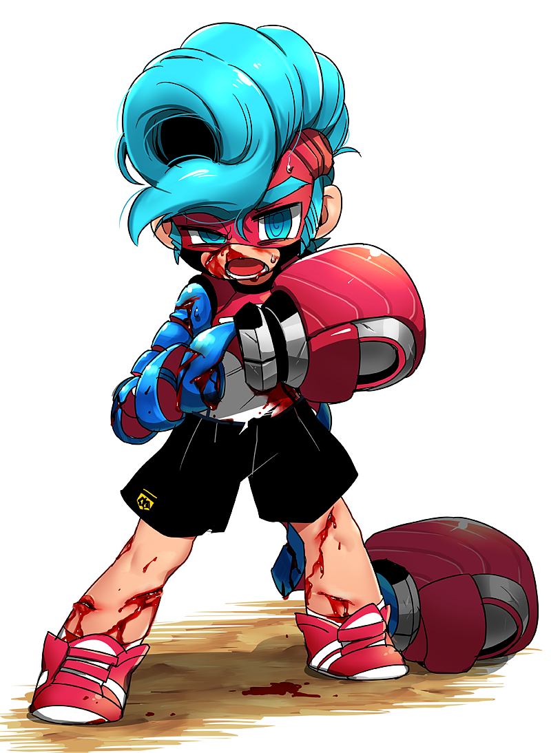 1boy arms_(game) blood boxing_gloves chilla_(arms) cuts damaged injury long_arms mask ninjara_(arms) nosebleed pompadour simple_background solo suno_(imydream) sweat white_background younger