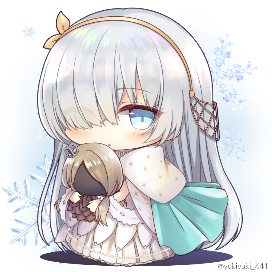 1girl :o anastasia_(fate/grand_order) bangs blue_cloak blue_eyes blush brown_hair brown_hairband brown_ribbon chibi cloak commentary_request crown dress eyebrows_visible_through_hair fate/grand_order fate_(series) full_body hair_over_one_eye hair_ribbon hairband holding long_hair mini_crown parted_lips pleated_dress ribbon royal_robe silver_hair snowflakes solo standing twitter_username very_long_hair white_dress yukiyuki_441