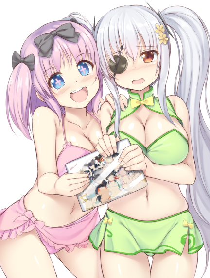 +_+ 2girls :d bangs bare_shoulders bikini bikini_skirt black_ribbon blue_eyes blush breasts brown_eyes character_request cleavage cleavage_cutout collarbone comic contrapposto flower frilled_bikini frills green_bikini hair_flower hair_ornament hair_ribbon hand_on_another's_shoulder holding kageira large_breasts long_hair looking_at_viewer multiple_girls navel nose_blush open_mouth pink_bikini pink_hair ribbon senran_kagura senran_kagura_(series) sidelocks silver_hair simple_background skindentation smile standing stomach swimsuit symbol-shaped_pupils tareme thigh_gap twintails two_side_up very_long_hair white_background yellow_ribbon