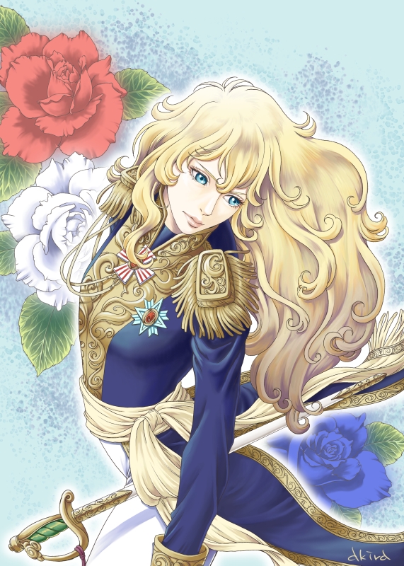 1girl androgynous artist_name blonde_hair blue_background blue_eyes blue_flower blue_rose epaulettes expressionless flower leaning_back long_hair looking_down looking_to_the_side military military_uniform nogi_akira oscar_francois_de_jarjayes rapier red_flower red_rose rose sash sword tunic uniform versailles_no_bara wavy_hair weapon white_flower white_rose