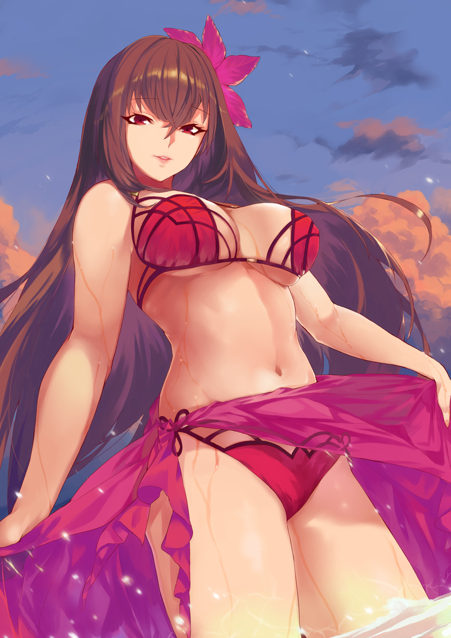 1girl bangs bare_arms bare_shoulders bikini blue_sky breasts brown_hair ceda_(dace) cleavage clouds cowboy_shot day dutch_angle eyebrows_visible_through_hair fate_(series) flower from_below hair_between_eyes hair_flower hair_ornament highres large_breasts lifted_by_self lips long_hair looking_at_viewer looking_down navel outdoors parted_lips pink_bikini red_eyes sarong_lift scathach_(fate/grand_order) scathach_(swimsuit_assassin)_(fate) see-through shiny shiny_hair sky smile solo standing stomach straight_hair swimsuit thighs tsurime under_boob very_long_hair wading water wet