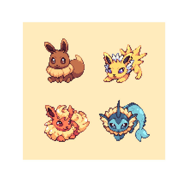 beige_background blue_eyes brown_eyes closed_mouth commentary creature eevee excarabu flareon full_body gen_1_pokemon jolteon looking_at_viewer lying no_humans pixel_art pokemon pokemon_(creature) sitting smile standing top-down_bottom-up vaporeon violet_eyes