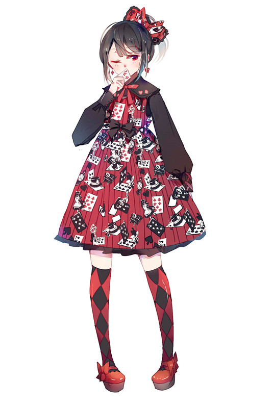1girl argyle argyle_legwear bangs benghuai_7 black_bow black_hair black_sleeves bow card dress earrings full_body hair_bow holding holding_card jewelry lolita_fashion long_sleeves mary_janes neck_ribbon one_eye_closed original over-kneehighs platform_footwear playing_card playing_card_print ponytail print_dress red_dress red_eyes red_footwear red_ribbon ribbon shoes sidelocks simple_background solo standing thigh-highs white_background
