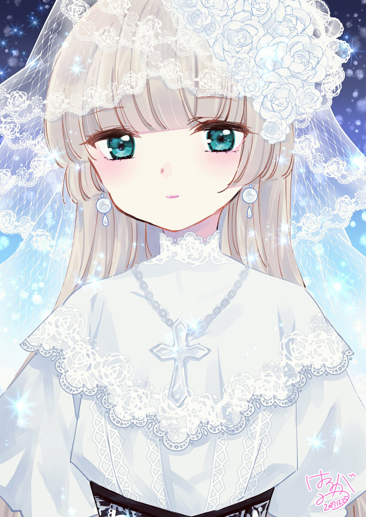 1girl 2017 aqua_eyes bangs blonde_hair blue_background blunt_bangs capelet closed_mouth cross dated earrings flower gosick gradient gradient_background green_eyes hair_flower hair_ornament harugamitsu hime_cut jewelry lace light_smile necklace older rosary rose signature solo upper_body veil victorica_de_blois white_flower white_rose