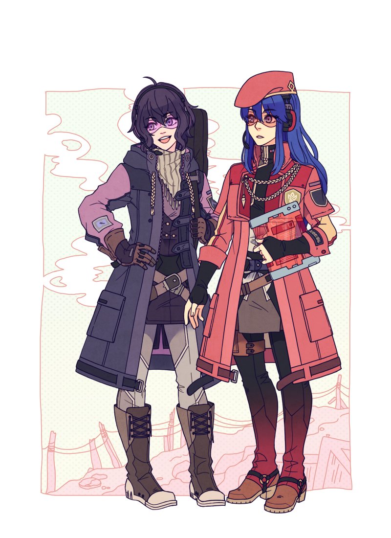 2girls ahoge armor black_hair blue_eyes blue_hair blush dress fire_emblem fire_emblem:_fuuin_no_tsurugi fire_emblem:_kakusei fire_emblem_heroes gloves googles hat hood jacket jewelry lilina long_hair mark_(fire_emblem) military multiple_girls open_mouth short_hair smile