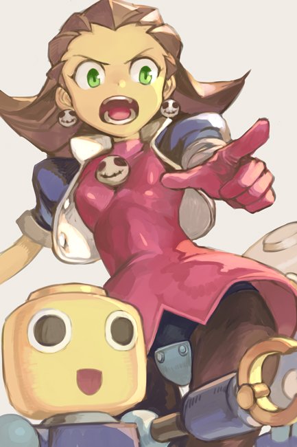 1girl brown_hair brown_legwear contrapposto copyright_request cropped_jacket dress gloves green_eyes grey_background hair_slicked_back hankuri jacket open_clothes open_jacket open_mouth pantyhose pink_dress pink_gloves pointing pointing_at_viewer puffy_short_sleeves puffy_sleeves robot rockman servbot_(mega_man) short_sleeves simple_background solo thigh_gap tron_bonne