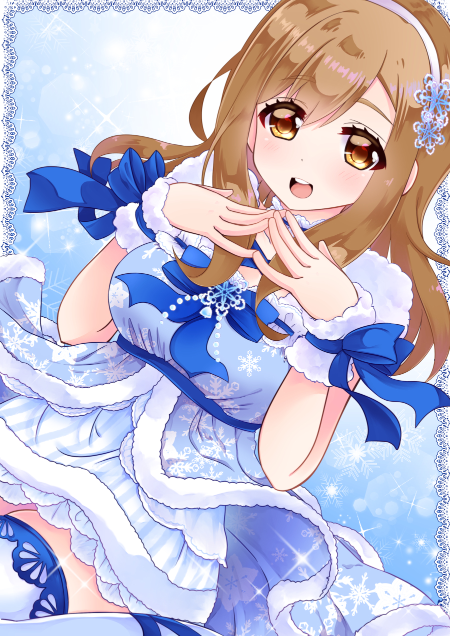 1girl :d blue_dress blue_neckwear blue_ribbon bow bowtie brown_eyes brown_hair choker dress eyebrows_visible_through_hair fur-trimmed_dress fur_trim hair_ornament hairband highres kunikida_hanamaru lace_border long_hair looking_at_viewer love_live! love_live!_school_idol_festival love_live!_sunshine!! mikimo_nezumi open_mouth ribbon smile snowflake_hair_ornament snowflake_print solo sparkle steepled_fingers thigh-highs wrist_ribbon wristband