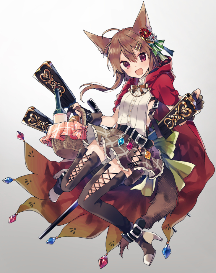 1girl :d ahoge animal_ears bangs basket belt_buckle black_belt black_legwear blush boots bottle bread brown_footwear brown_gloves brown_hair brown_skirt buckle cape commentary_request crystal eyebrows_visible_through_hair fang flower food gloves gradient gradient_background green_ribbon grey_background grey_flower gun hair_between_eyes hair_flower hair_ornament hairclip high_heel_boots high_heels holding holding_basket hood hood_down hooded_cape ikeuchi_tanuma long_hair musket open_mouth original partly_fingerless_gloves plaid plaid_skirt pleated_skirt red_cape red_flower ribbon shirt skirt smile solo striped striped_ribbon tail thigh-highs v-shaped_eyebrows violet_eyes weapon white_background white_shirt wine_bottle wolf_ears wolf_girl wolf_tail