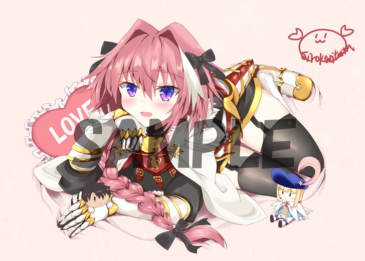 1other 2boys :d astolfo_(fate) bangs bed_sheet black_bow black_gloves black_shirt black_skirt blush boots bow braid buckle chevalier_d'eon_(fate/grand_order) chibi commentary_request emblem eyebrows_visible_through_hair fate/apocrypha fate_(series) faulds frilled_pillow frills fujimaru_ritsuka_(male) full_body fur-trimmed_cloak fur_collar garter_straps gauntlets gloves gold_trim gorget hair_between_eyes hair_bow hair_intakes hair_over_shoulder hand_on_own_cheek hand_up head_rest heart heart_pillow kanitama knee_boots long_hair long_sleeves looking_at_viewer lying male_focus miniskirt multicolored_hair multiple_boys on_stomach open_mouth pillow pink_background pink_hair raised_eyebrows sample shiny shiny_hair shirt signature simple_background single_braid skirt smile solo_focus streaked_hair thigh-highs thigh_gap trap turtleneck two-tone_hair violet_eyes watermark white_cloak white_footwear white_hair zettai_ryouiki