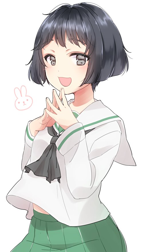 1girl :d animal_print bangs black_eyes black_hair black_neckwear blouse bunny_print commentary eyebrows_visible_through_hair girls_und_panzer green_skirt long_sleeves looking_at_viewer neckerchief ooarai_school_uniform open_mouth pleated_skirt school_uniform serafuku short_hair simple_background skirt smile solo standing steepled_fingers tam_a_mat upper_body utsugi_yuuki white_background white_blouse