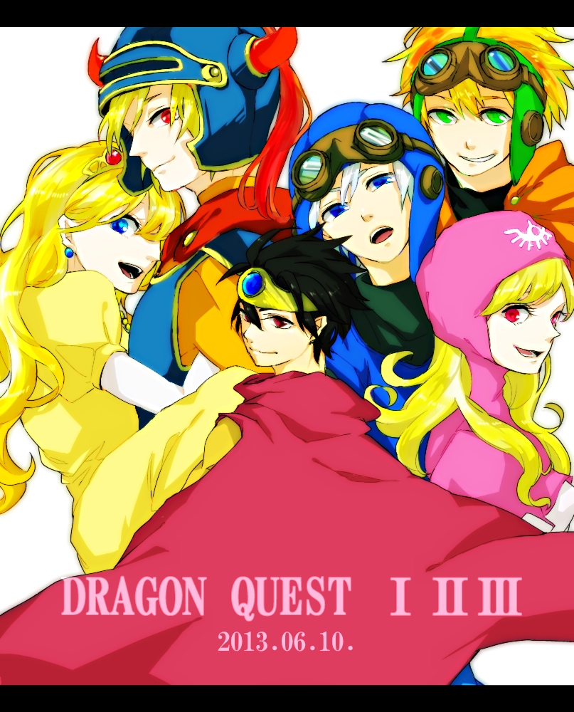 blonde_hair cape commentary_request dragon_quest dragon_quest_i dragon_quest_ii dragon_quest_iii goggles goggles_on_head goggles_on_headwear hood long_hair multiple_boys multiple_girls prince_of_lorasia prince_of_samantoria princess_of_moonbrook short_hair spiky_hair white_robe