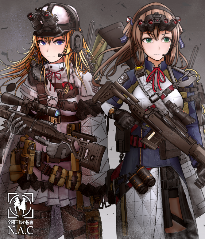 acog blonde_hair blue_eyes bolt_action boots brown_hair capelet expressionless fur_hat girls_frontline gloves green_eyes gun hat helmet m1903_springfield m1903_springfield_(girls_frontline) magazine_(weapon) military_operator mosin-nagant mosin-nagant_(girls_frontline) night_vision_device pantyhose rifle scope skirt sniper_rifle tactical_clothes testame weapon