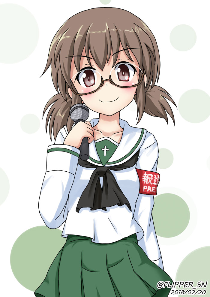 1girl arm_behind_back armband bangs black-framed_eyewear black_neckwear blouse brown_eyes brown_hair closed_mouth collarbone dated english eyebrows_visible_through_hair flipper girls_und_panzer glasses green_background green_skirt holding holding_microphone long_sleeves looking_at_viewer microphone miniskirt neckerchief ooarai_school_uniform ou_taiga pleated_skirt polka_dot polka_dot_background school_uniform semi-rimless_eyewear serafuku short_hair short_twintails skirt smile solo standing twintails twitter_username under-rim_eyewear upper_body white_blouse