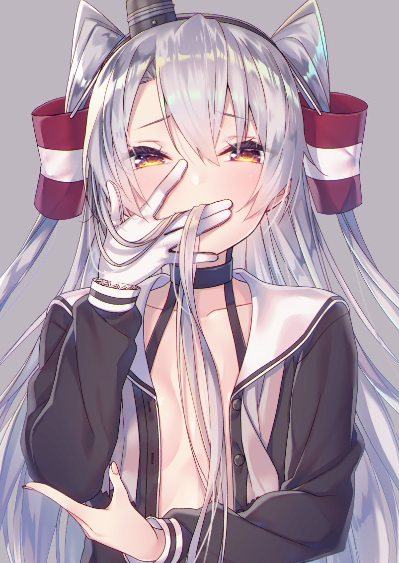 1girl amatsukaze_(kantai_collection) brown_dress brown_eyes covering_mouth dress flat_chest gloves grey_background hair_tubes kantai_collection long_hair looking_at_viewer no_bra open_clothes sailor_dress silver_hair simple_background single_glove solo tahya two_side_up upper_body white_gloves windsock