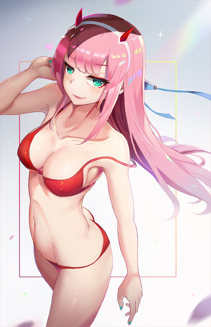 1girl ass bikini breasts cowboy_shot darling_in_the_franxx fang green_eyes hairband horns l.bou looking_at_viewer medium_breasts navel pink_hair red_bikini revision shiny shiny_hair solo standing straight_hair strap_slip swimsuit white_background white_hairband zero_two_(darling_in_the_franxx)