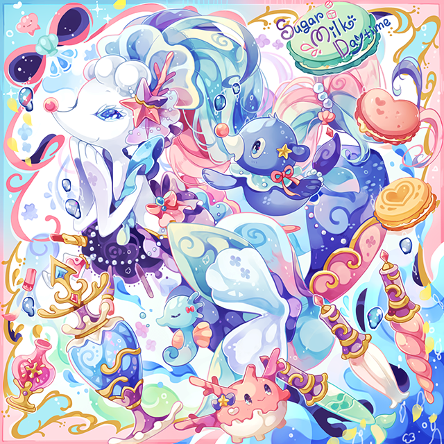 blue_eyes bubble cameo closed_mouth coco7 commentary_request corsola creature ditto ditto_(cameo) gen_1_pokemon gen_2_pokemon gen_7_pokemon hair_ribbon happy horsea no_humans pokemon pokemon_(creature) popplio primarina ribbon seal smile sparkle swimming underwater