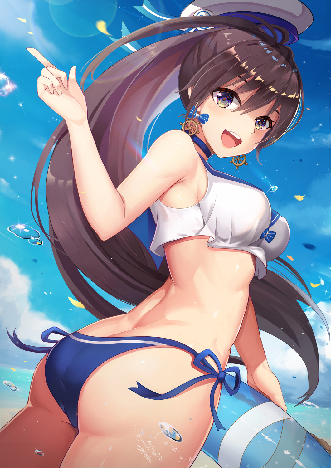 1girl :d antenna_hair ass back bangs bare_arms bare_shoulders bikini bikini_bottom blue_bikini_bottom blue_ribbon blue_sailor_collar blue_sky blush breasts brown_eyes clouds copyright_request crop_top day earrings hat high_ponytail highres index_finger_raised innertube jewelry l.bou lens_flare long_hair looking_at_viewer medium_breasts multicolored multicolored_eyes open_mouth ponytail ribbon round_teeth sailor_collar sailor_hat shiny shiny_hair side-tie_bikini sky sleeveless smile sparkle swimsuit teeth twisted_torso very_long_hair violet_eyes water water_drop white_hat