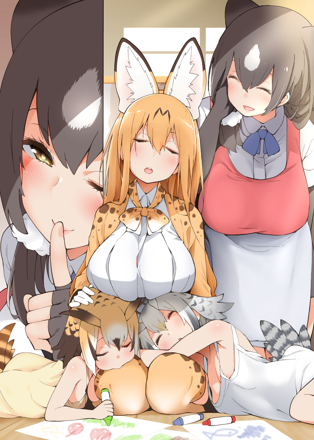 animal_ears apron black_gloves black_hair blonde_hair blush breasts brown_hair commentary_request eurasian_eagle_owl_(kemono_friends) finger_to_mouth fingerless_gloves gloves hair_between_eyes highres kemono_friends large_breasts leaning_forward looking_at_viewer lying multicolored_hair northern_white-faced_owl_(kemono_friends) older on_side on_stomach open_mouth otter_ears owl_ears print_legwear serval_(kemono_friends) serval_ears serval_print shirt silver_hair sleeping sleeping_on_person small-clawed_otter_(kemono_friends) smile tail thigh-highs white_apron white_shirt