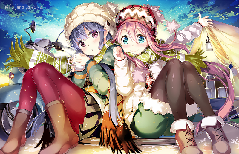 2girls :o bangs beanie black_legwear black_skirt blue_eyes blue_hair blush boots brown_footwear closed_mouth clouds commentary_request cup eyebrows_visible_through_hair fringe fujima_takuya fur-trimmed_shorts fur_trim green_jacket green_scarf green_shorts ground_vehicle hair_between_eyes hat holding holding_mug jacket kagamihara_nadeshiko long_hair long_sleeves motor_vehicle mug multiple_girls night night_sky outdoors outstretched_arm pantyhose parted_lips pink_hair plaid plaid_shirt pleated_skirt red_hat red_legwear red_shirt scarf scooter shima_rin shirt short_shorts shorts sitting skirt sky smile steam tent twitter_username very_long_hair vespa violet_eyes white_hat white_jacket yurucamp