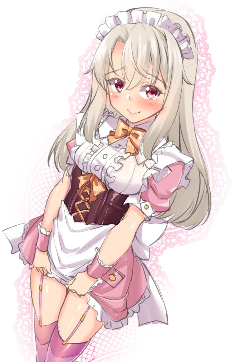 1girl alternate_costume apron blush bow bowtie buttons center_frills closed_mouth collarbone commentary_request corset dress enmaided eyebrows_visible_through_hair fate/stay_night fate_(series) frills garter_straps hair_between_eyes illyasviel_von_einzbern lifted_by_self light_brown_hair long_hair looking_at_viewer maid maid_apron maid_headdress merufena orange_neckwear puffy_short_sleeves puffy_sleeves red_eyes short_sleeves simple_background skirt skirt_lift solo thigh-highs waist_apron white_apron white_background white_legwear wrist_cuffs