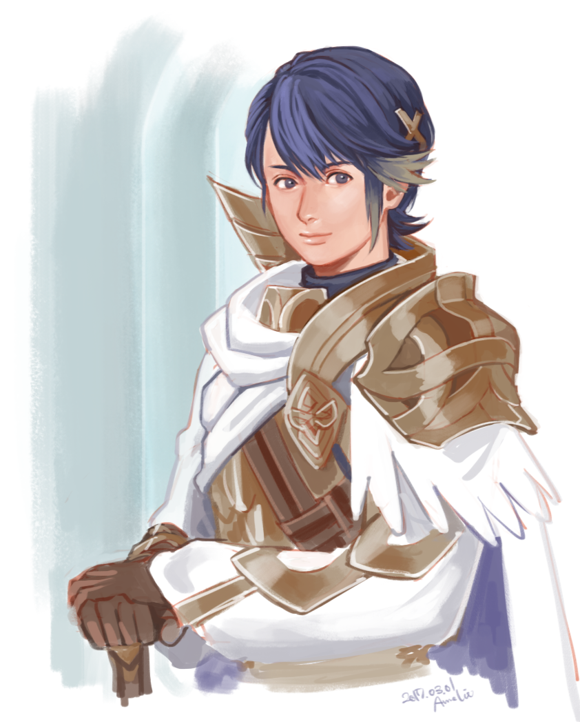 1boy alfonse_(fire_emblem) annelie armor artist_name blonde_hair blue_eyes blue_hair cape dated fire_emblem fire_emblem_heroes gloves male_focus multicolored_hair solo sword two-tone_hair upper_body weapon white_background