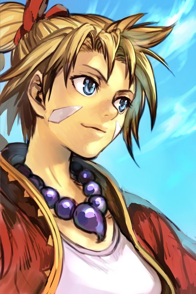 1girl blonde_hair blue_background blue_eyes blue_sky chrono_cross closed_mouth facial_mark hair_ribbon hankuri jacket jewelry kid_(chrono_cross) long_hair looking_away necklace open_clothes open_jacket pearl_necklace ponytail red_jacket red_ribbon ribbon shirt sky smile solo white_shirt