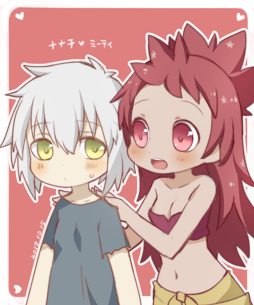 2girls :d atobesakunolove blue_shirt blush breasts character_name cleavage commentary_request dated green_eyes grey_hair heart highres long_hair looking_at_another made_in_abyss mitty_(made_in_abyss) multiple_girls nanachi_(made_in_abyss) navel open_mouth red_eyes redhead round_teeth shirt skirt smile strapless sweatdrop teeth topknot translated tubetop