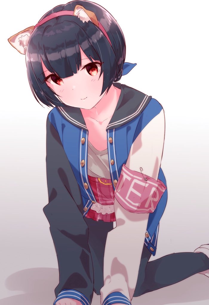1girl all_fours animal_ears armband bangs belt belt_buckle blue_hair blue_jacket blunt_bangs blush buckle cat_ears clip closed_mouth collarbone collared_jacket eyebrows_visible_through_hair fake_animal_ears frilled_skirt frills grey_background idolmaster idolmaster_shiny_colors jacket long_sleeves looking_at_viewer miniskirt morino_rinze norada pants pants_under_skirt pink_skirt plaid plaid_skirt red_eyes short_hair simple_background skirt smile solo tied_hair v-neck
