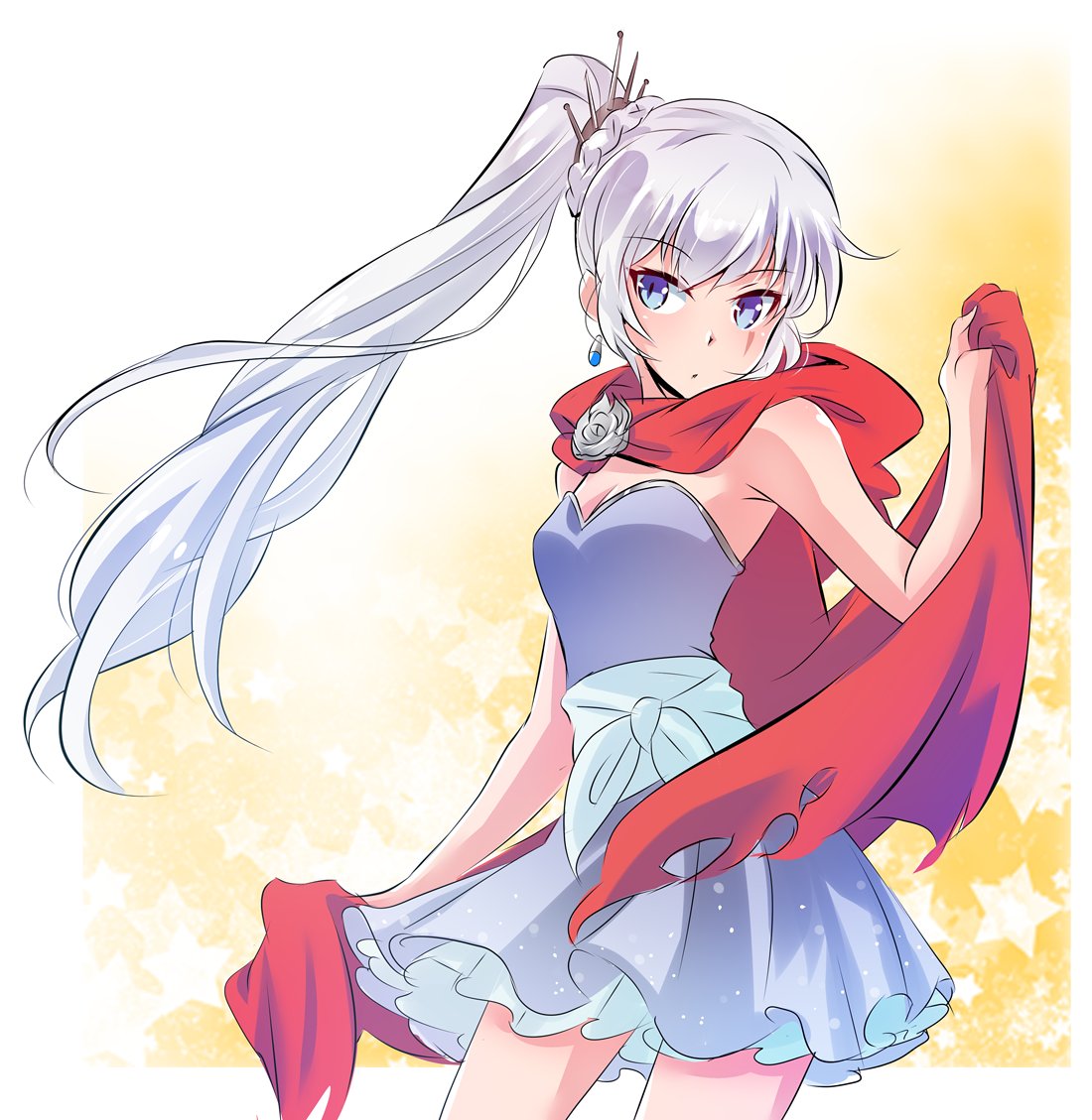 1girl blue_dress blue_eyes cloak commentary dress iesupa ponytail rwby scar scar_across_eye solo strapless strapless_dress weiss_schnee white_hair