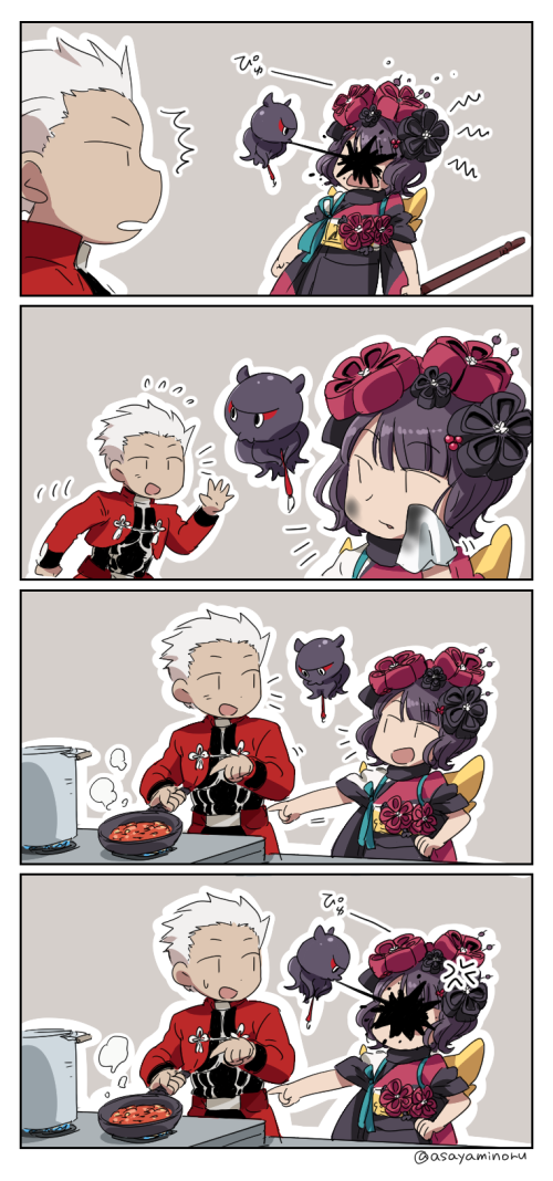 /\/\/\ 1boy 1girl 4koma anger_vein archer asaya_minoru bangs black_hair comic commentary eyebrows_visible_through_hair fate/grand_order fate/stay_night fate_(series) flower frying_pan hair_flower hair_ornament in_the_face ink japanese_clothes katsushika_hokusai_(fate/grand_order) octopus open_mouth paintbrush pointing pot short_hair short_sleeves silent_comic stove tan_background twitter_username white_hair