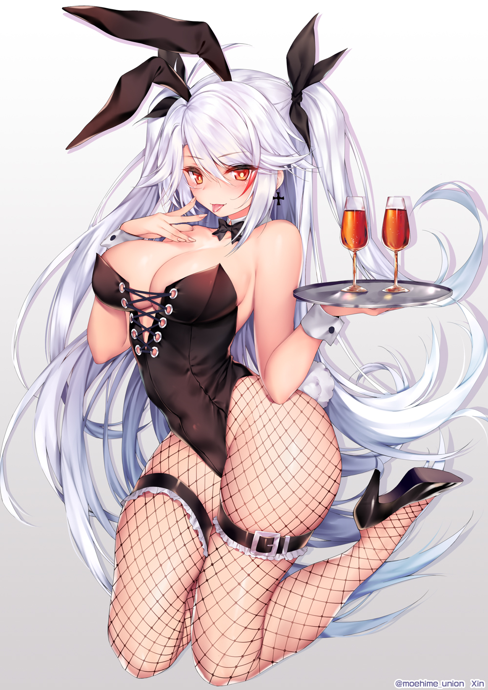 1girl animal_ears artist_name azur_lane black_ribbon breasts bunny_tail bunnysuit cross cross_earrings drink earrings eyebrows_visible_through_hair fishnet_legwear fishnets frilled_legwear frills gradient gradient_background hair_ribbon high_heels highres holding holding_tray jewelry lace-up_top large_breasts legs_folded long_hair looking_at_viewer neck_bow obiwan orange_eyes prinz_eugen_(azur_lane) rabbit_ears ribbon silver_hair simple_background tail tongue tongue_out tray twintails two_side_up very_long_hair white_wrist_cuffs wrist_cuffs
